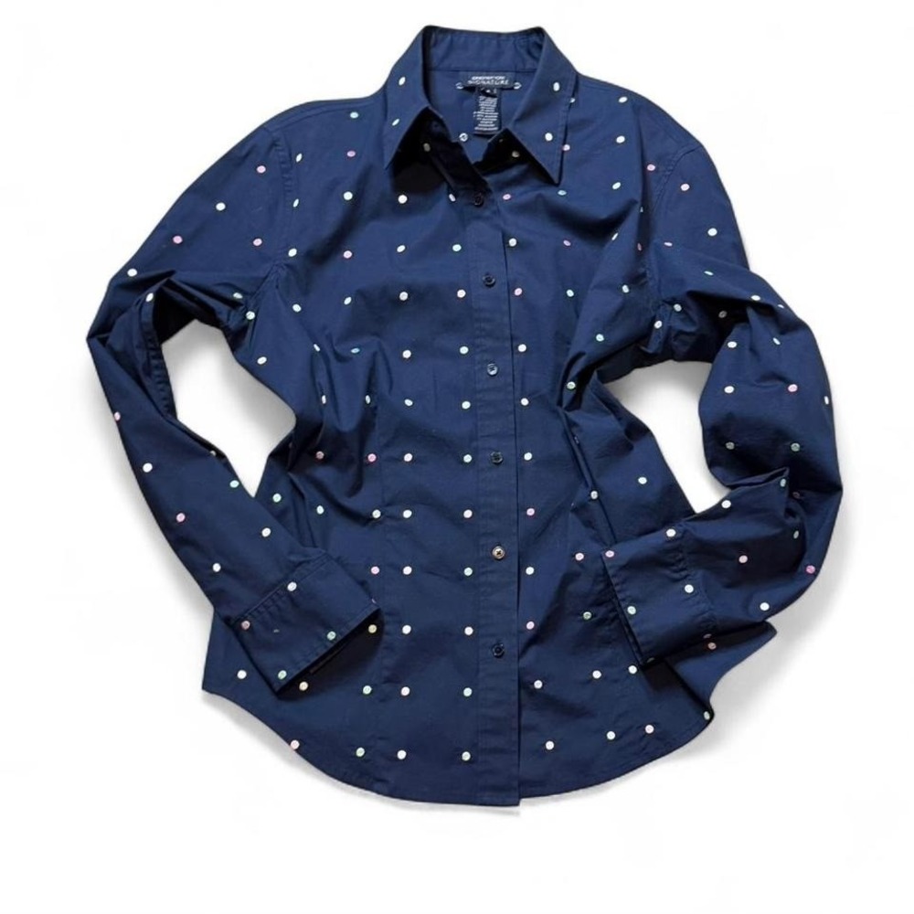 Jones‎ New York Navy Embroidered Polka Dot Shirt